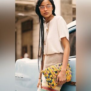 Free People Bright Colorful Yellow Orange Fuzzy Clutch w/ Zipper Tassle